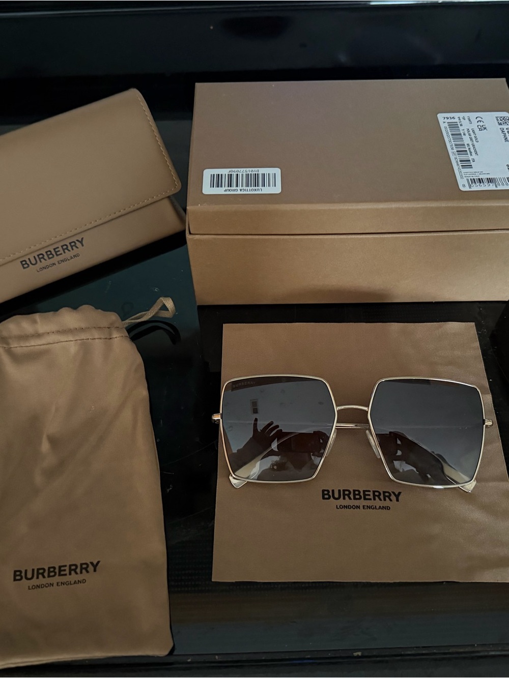 Burberry Daphne Gold Metal Square Sunglasses with Gray Gradient Lenses